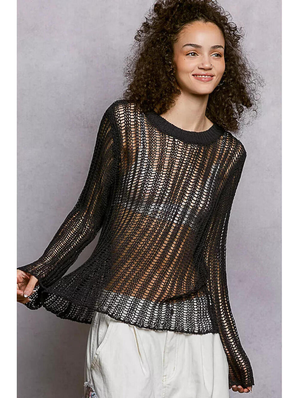 POL Openwork Round Neck Knit Cover Up